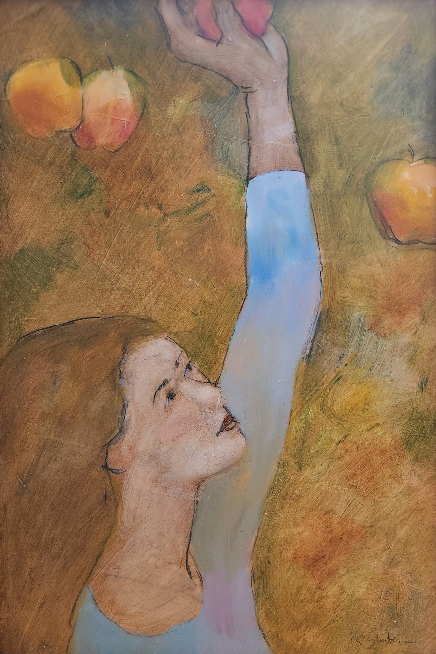 'Picking Apples' oil painting