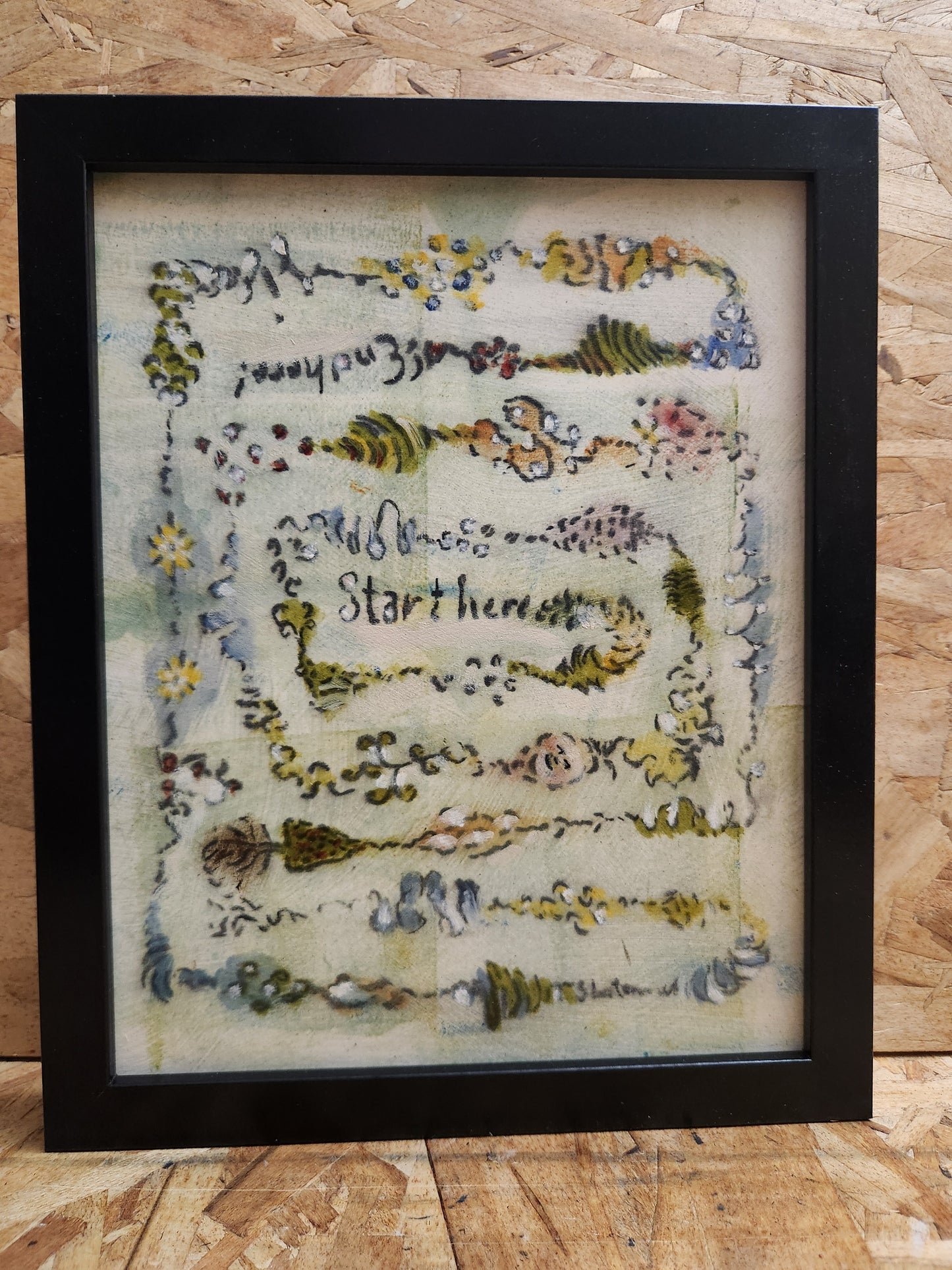 'Start Here' mixed media painted drawing